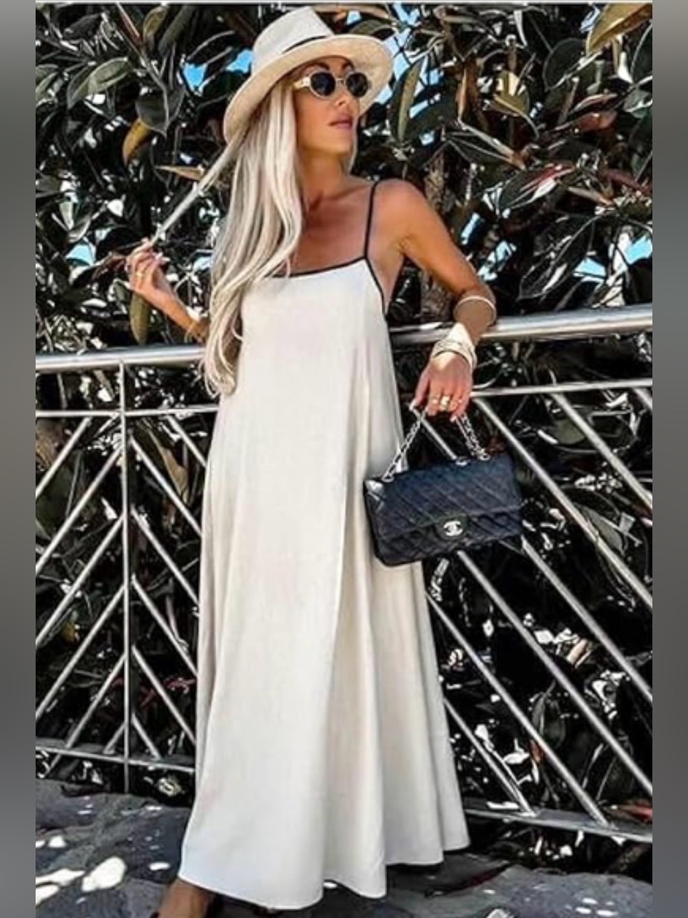 Stylish Blue Maxi Dress with Black Trim - Women's Slip Dress